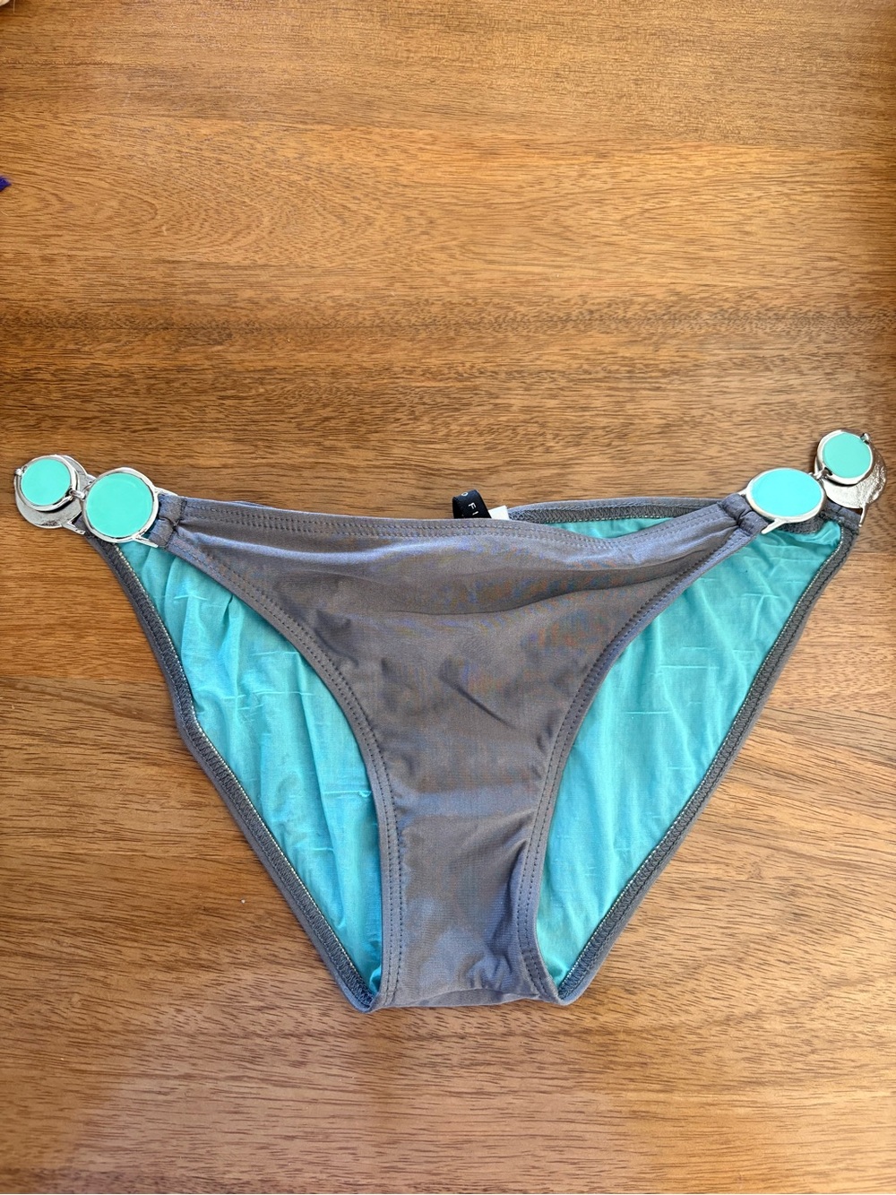 Women's Green and Taupe Bikini Top with Decorative Rings - Picture 3 of 5